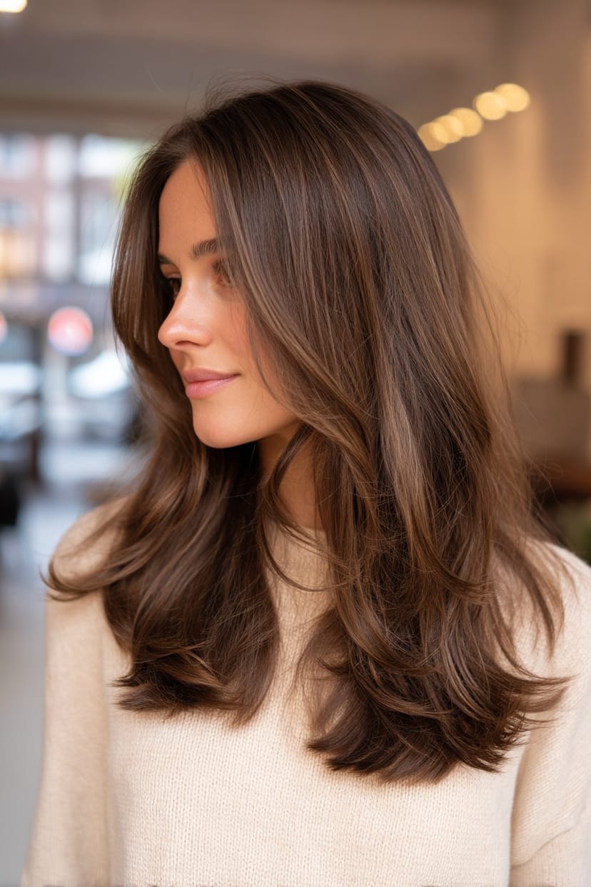 Gestufter Long-Bob mit Außenwellen bei braunem Haar