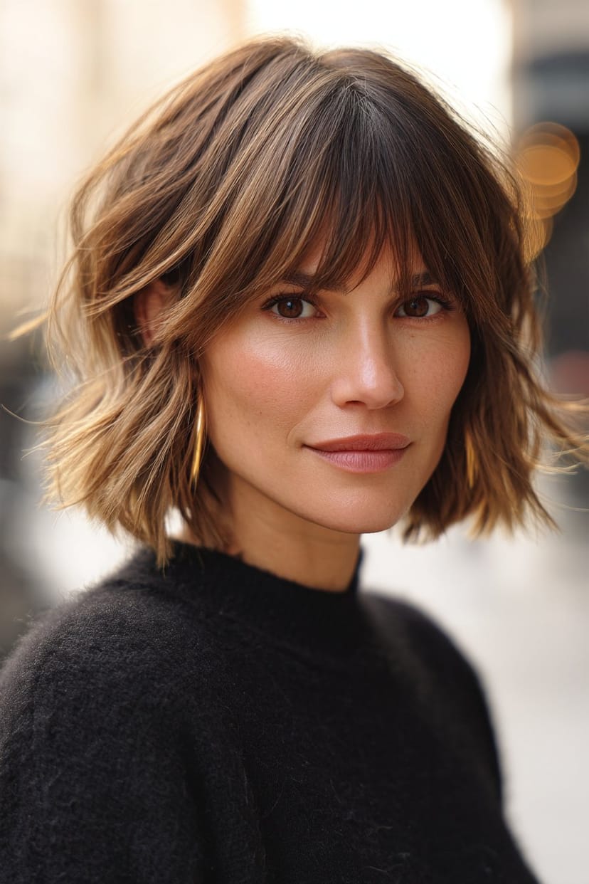 Stufiger Schnitt mit Pony bei braunem Haar