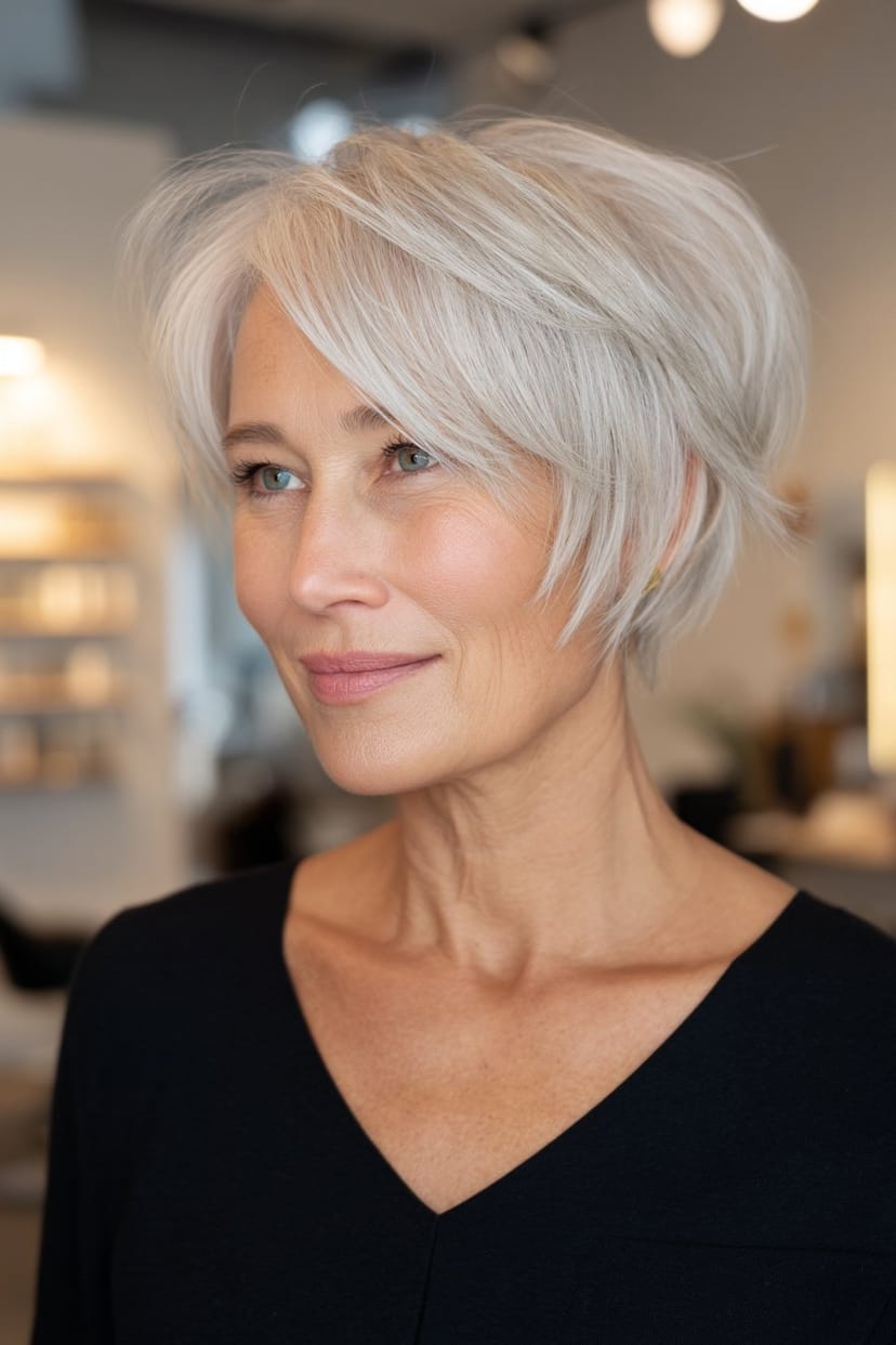 Gestufter Shaggy Schnitt bei grauen Haaren ab 50