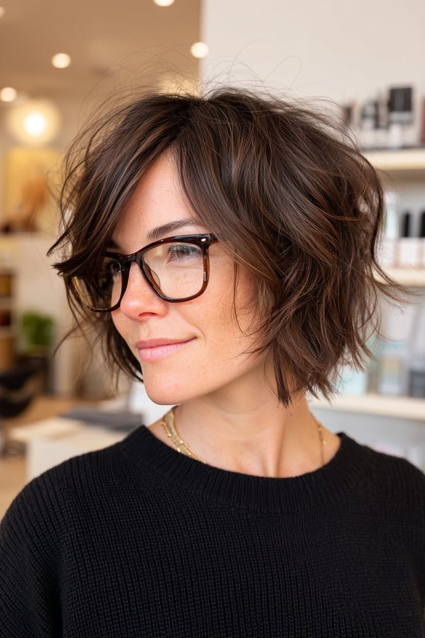 Wilder Bob mit Stufen und dunkler Brille bei Frau ab 50