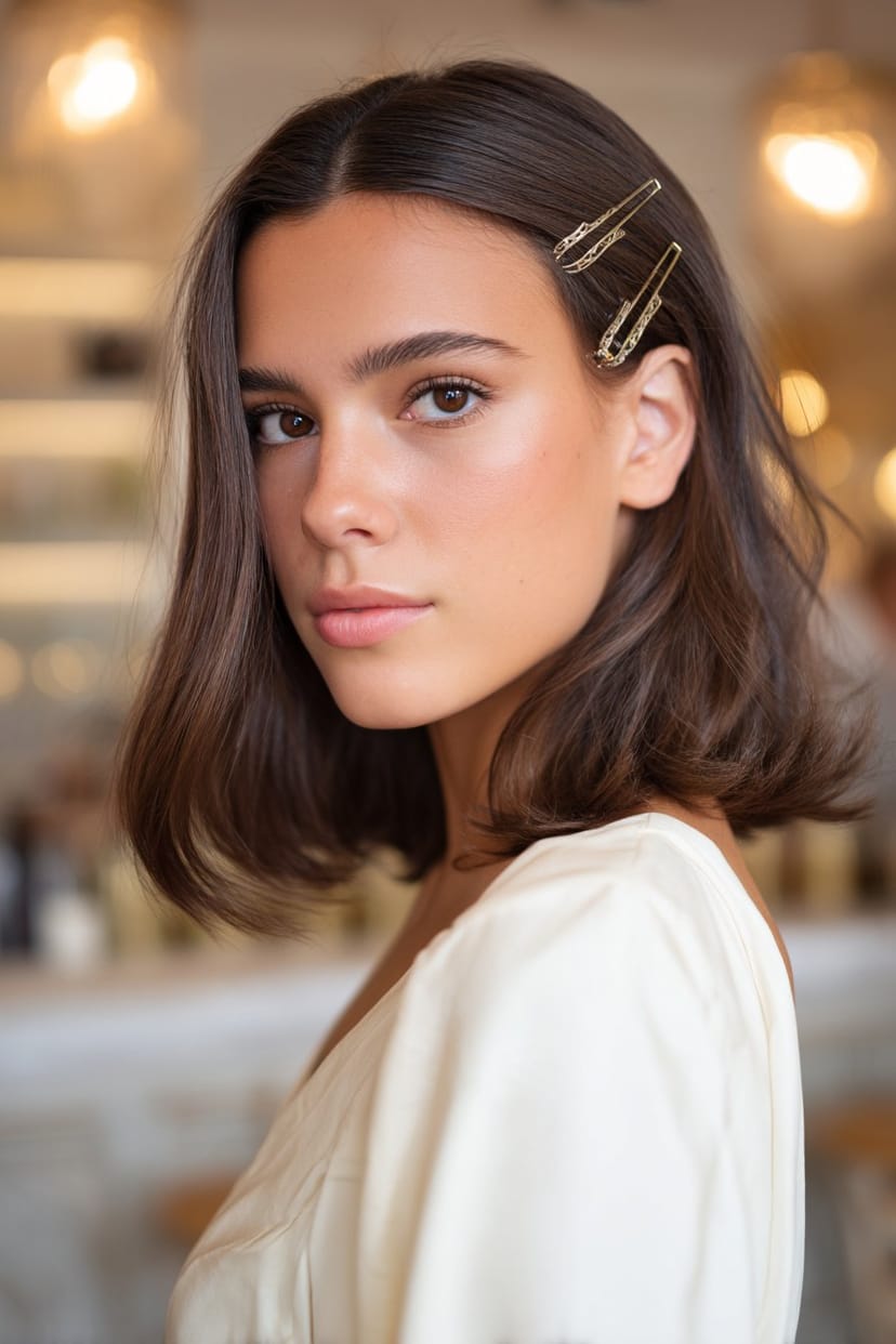 Halboffene glatte Frisur mit Haarspange vorne