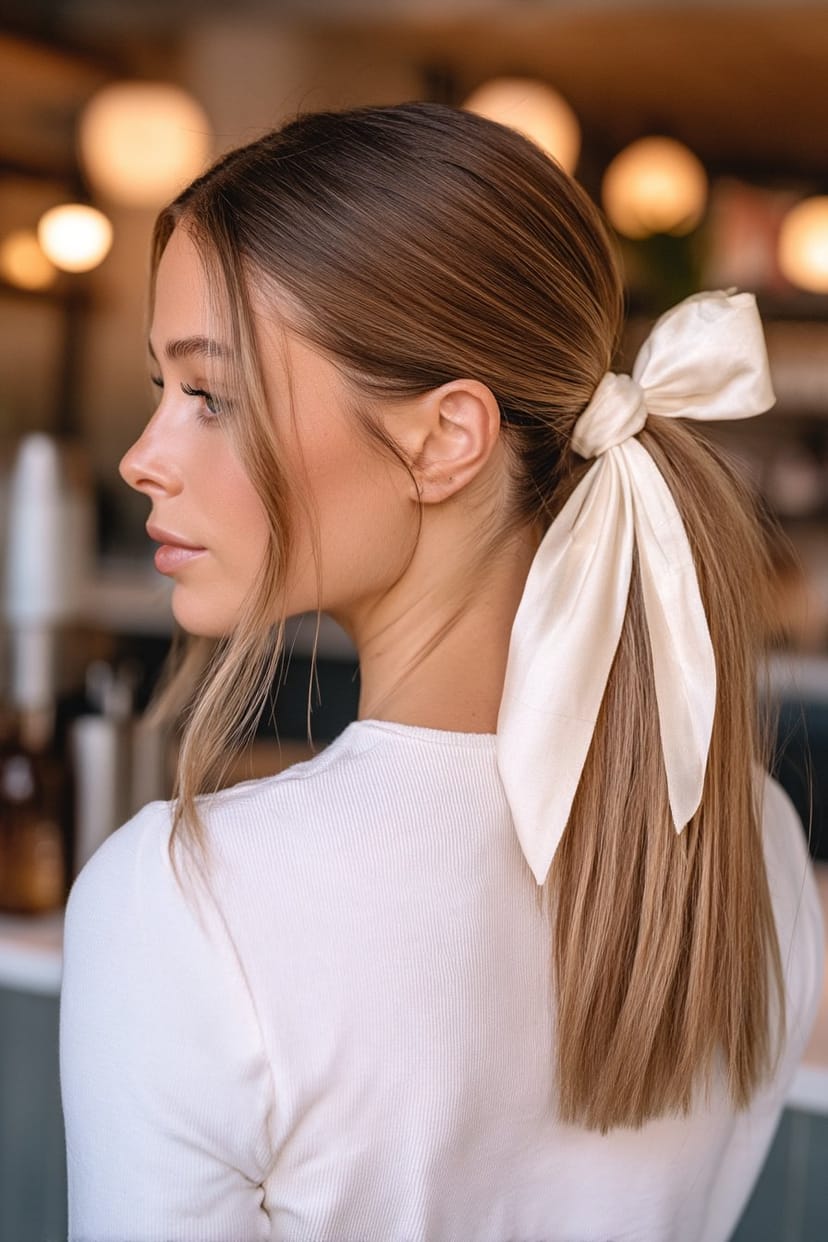 Tiefer, glatt geföhnter Zopf mit Satinschleife Hochzeit