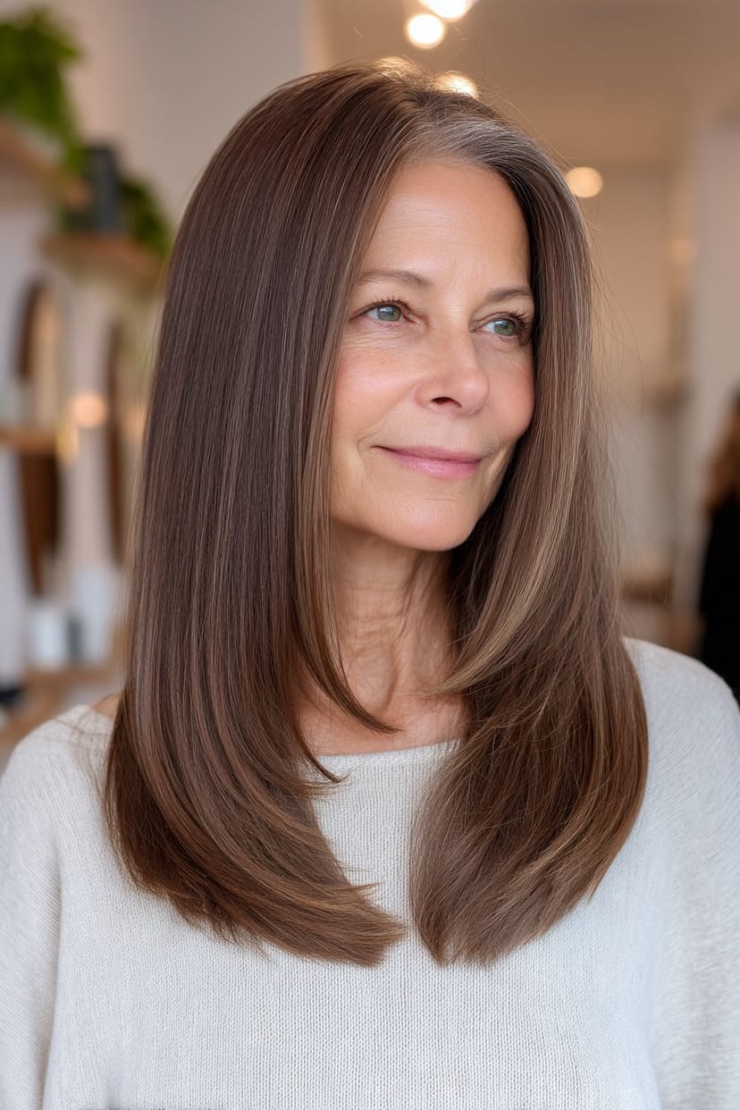 Glatte braune Haare mit Seitenscheitel ab 50