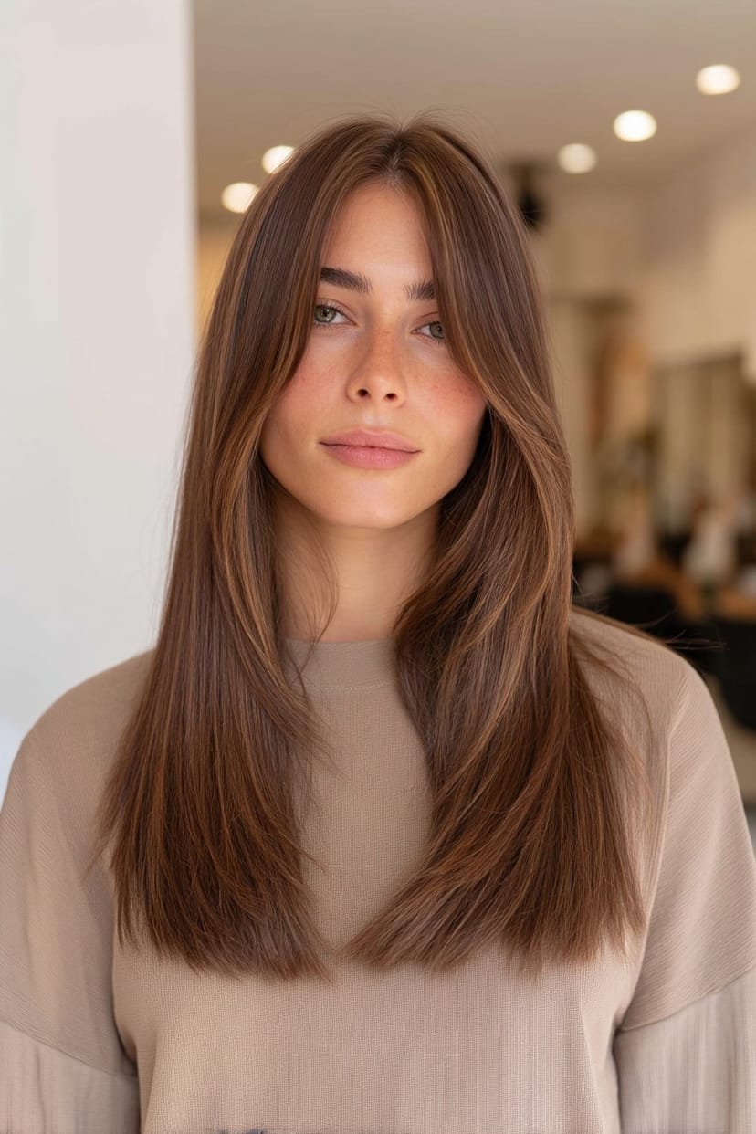 Mittellange braune Haare mit glatten Curtain Bangs