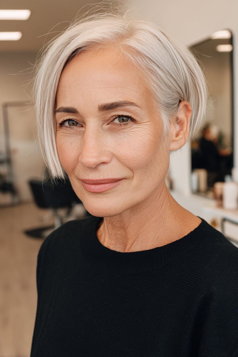 Glatter Bob mit langer Vorderpartie bei grauem Haar