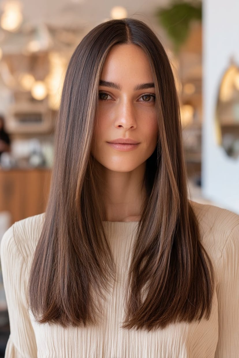 Glattes mittellanges braunes Haar mit Volumen