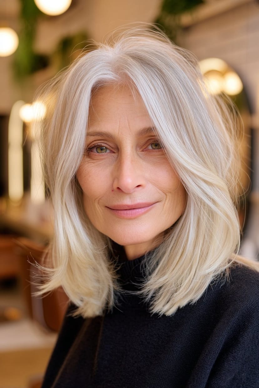 Graue schulterlange Haare mit sanften Stufen ab 50