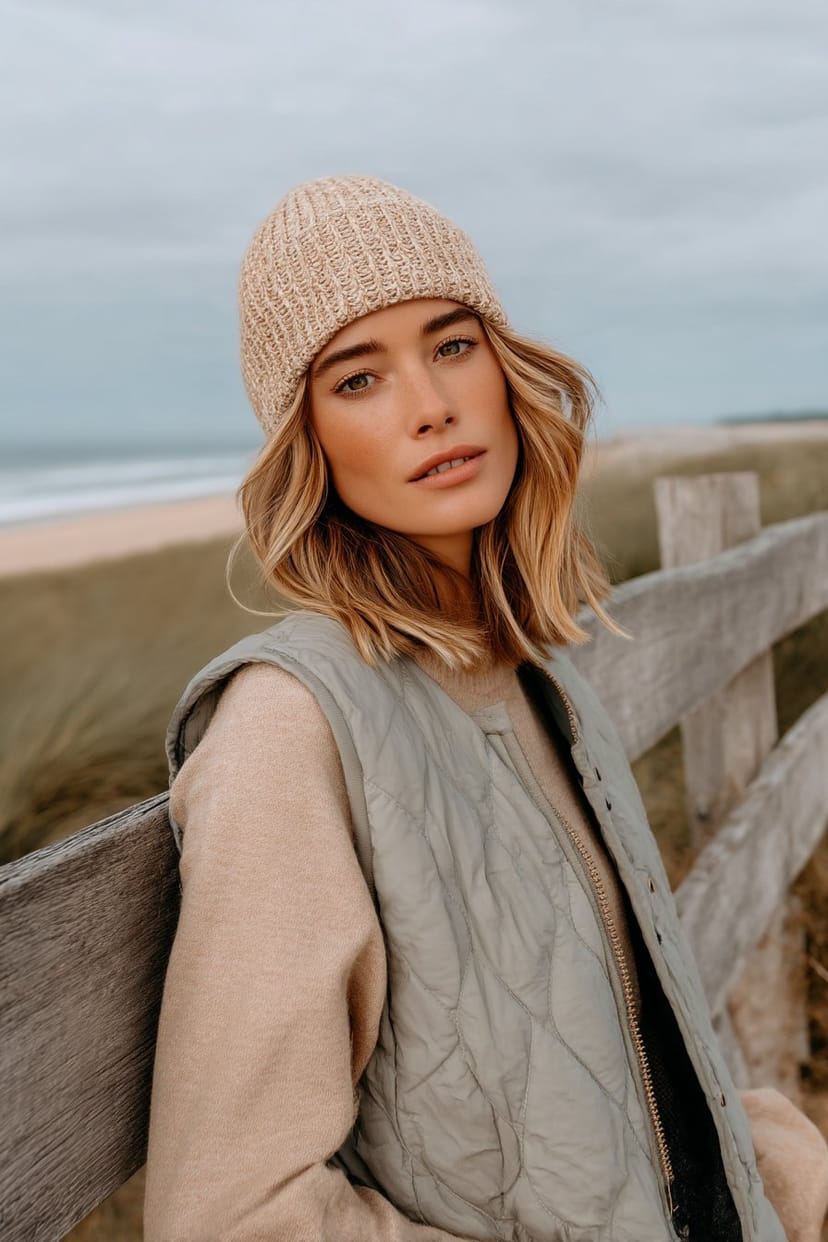 Frau mit grauer Steppweste und Jeans am Sylter Strand