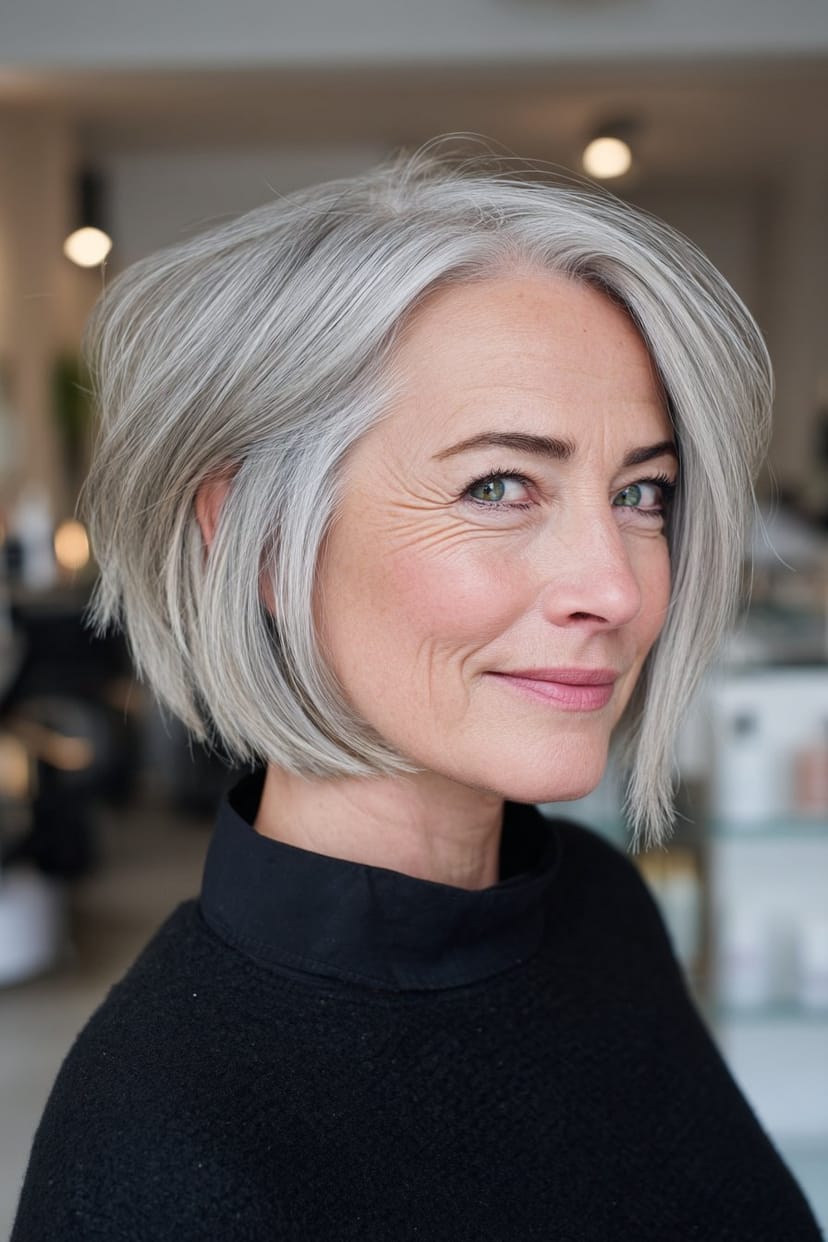 Grauer Bob mit sanftem Seitenscheitel bei Frau ab 50