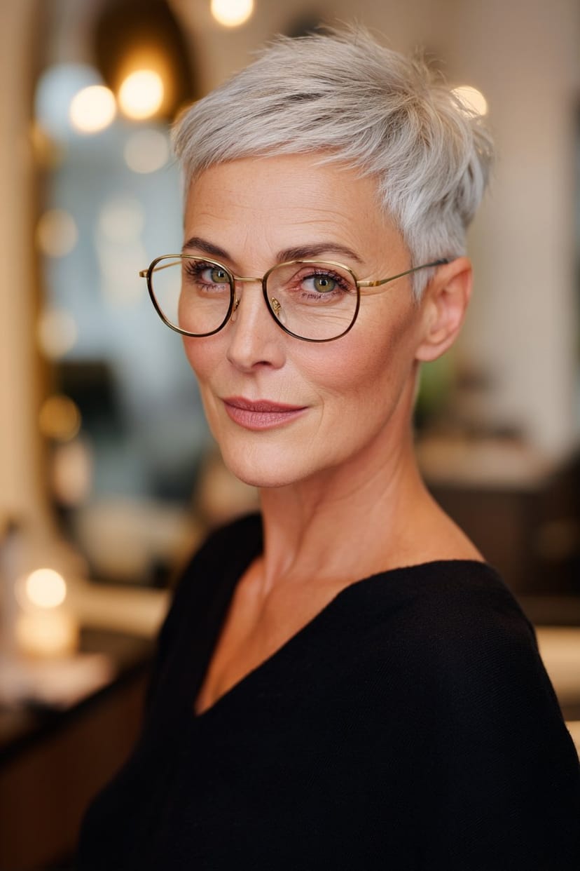 Langer grauer Pixie mit runder Vintage-Brille