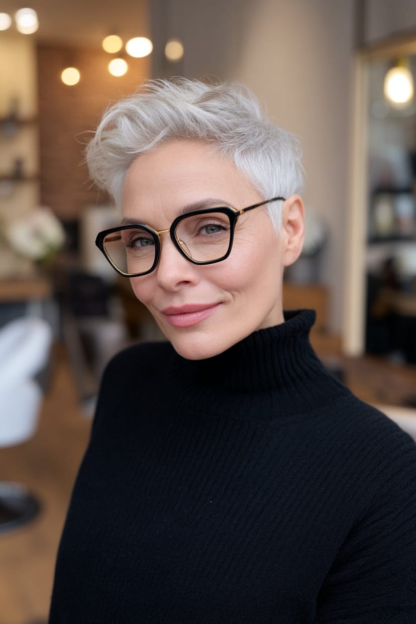Grauer Pixie-Cut mit schwarzer Brille bei Frau ab 50