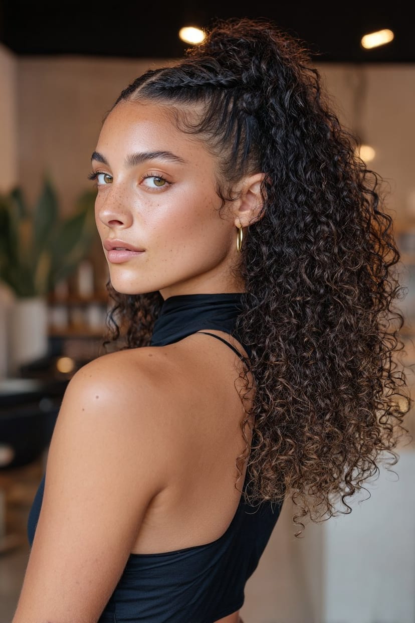 Halb geflochtener Dutt mit lockigen Spitzen