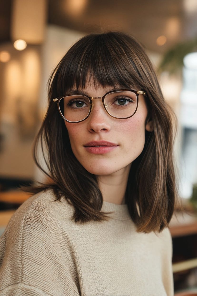 Mittellange Frisur mit Pony und Brille von vorne