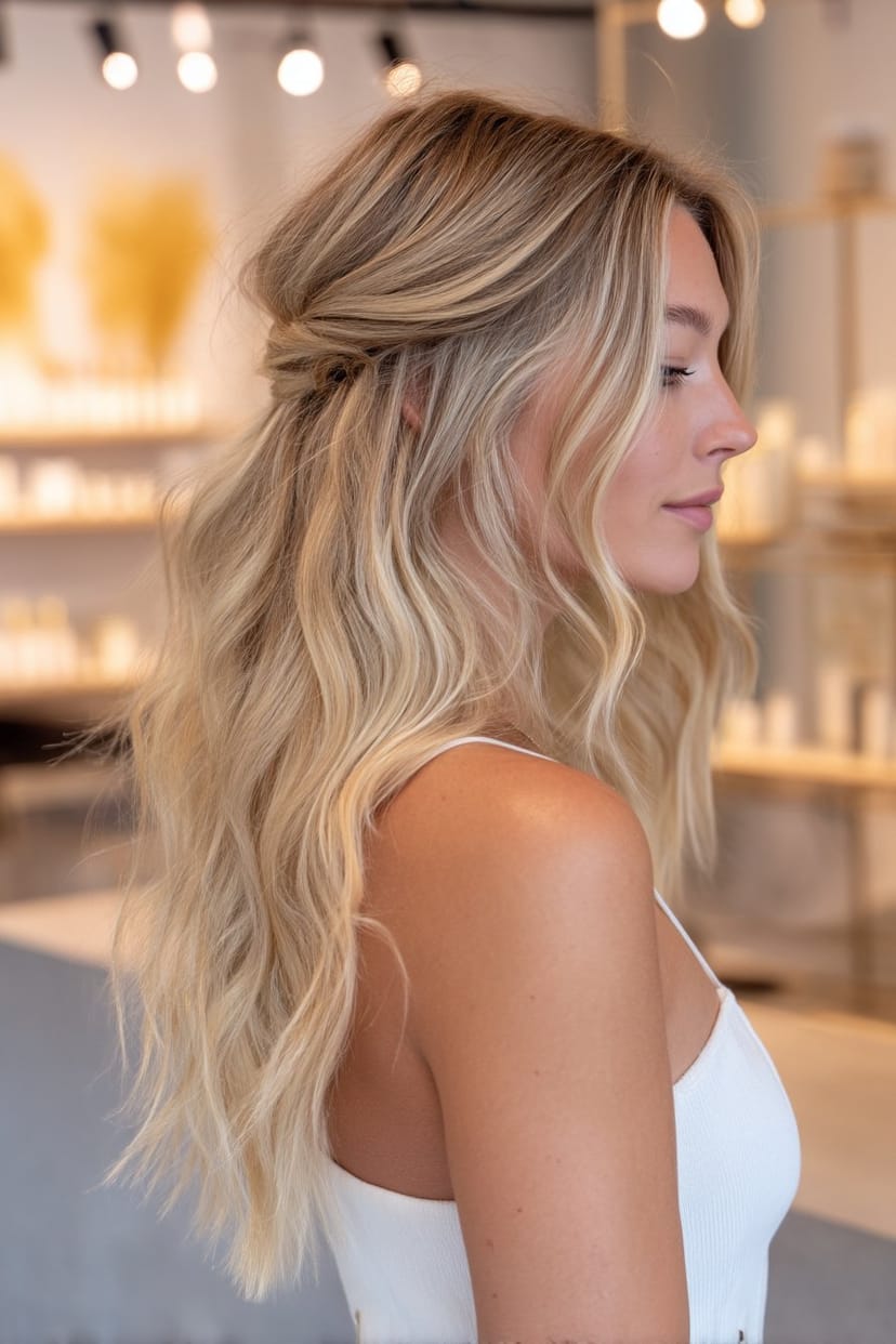 Half-Up-Frisur bei mittellangem blondem Haar mit Beach Waves