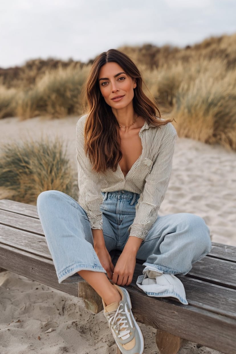 Frau in hellblauer Boyfriend-Jeans auf Sylt-Bank