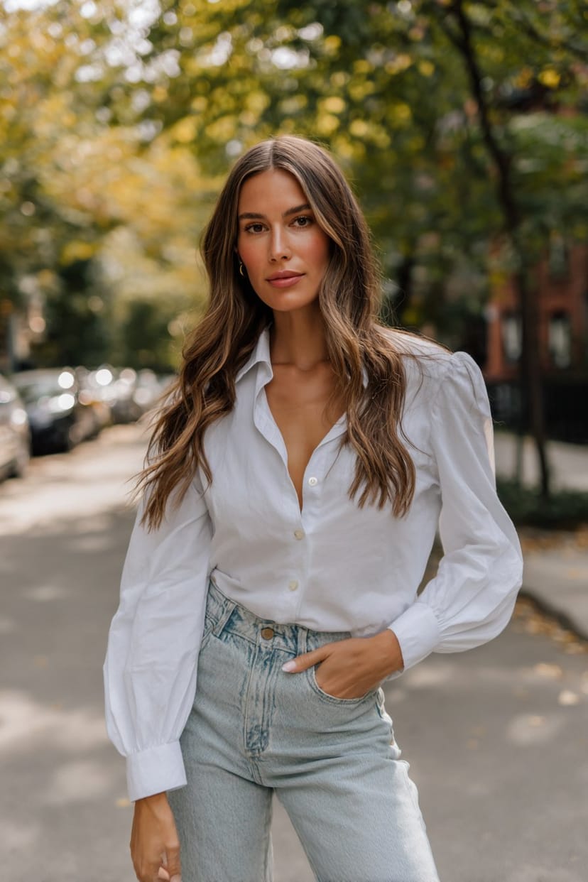 Frau mit hellblauer Jeans und weißer Hemdbluse