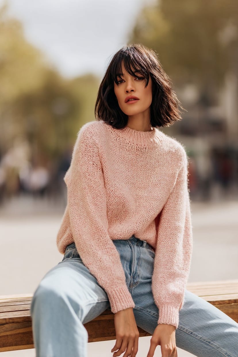 Frau mit hellblauer Jeans und rosa Pullover im Frühling