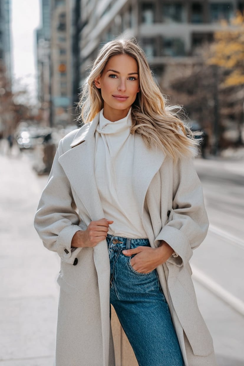 Frau im hellen Mantel über blauer Jeans im Frühling
