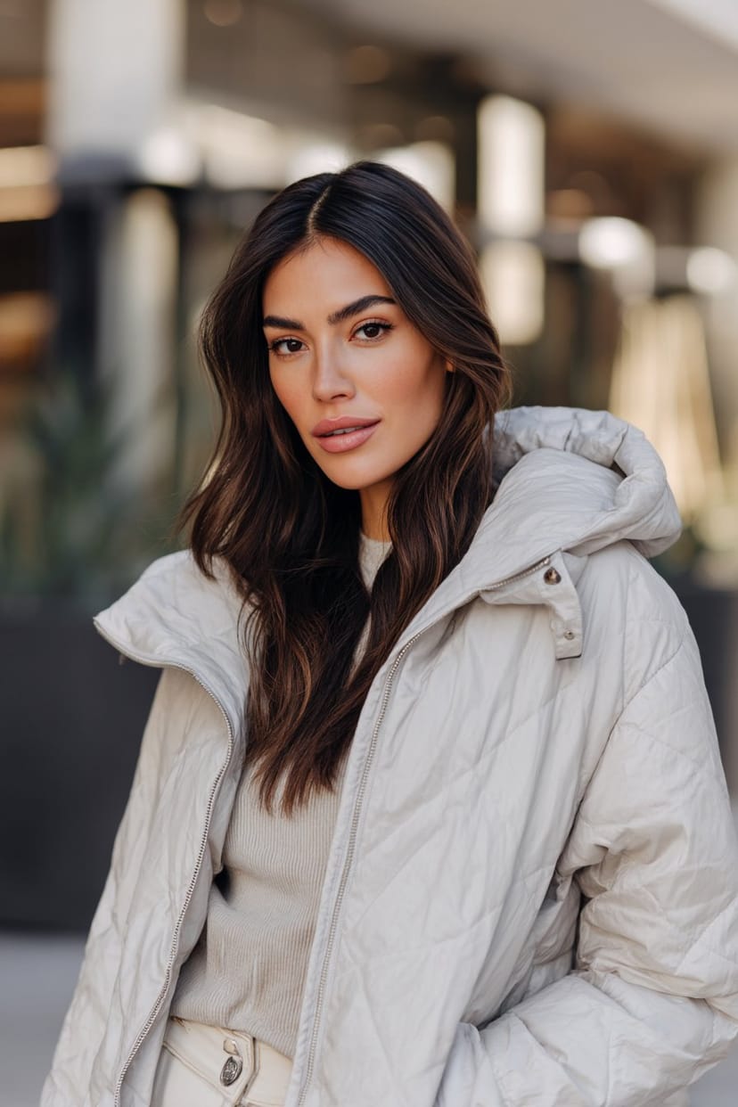 Frau mittleren Alters in hellgrauer Steppjacke mit Kapuze