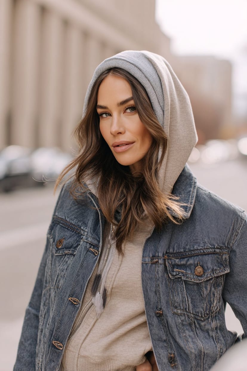 Frau mit Jeansjacke und grauem Hoodie im Frühling