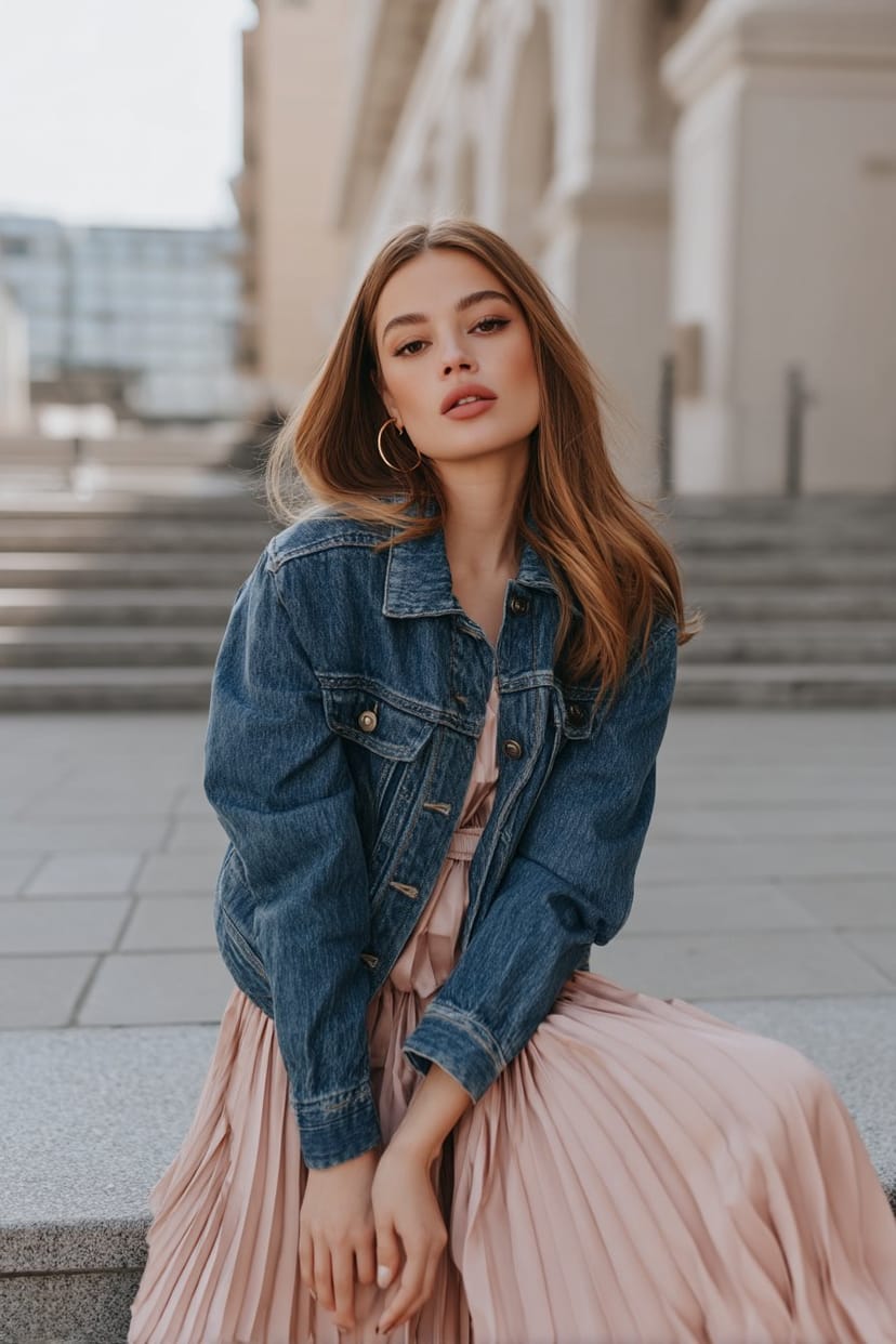 Jeansjacke und rosa Plisseerock Frühlingsoutfit
