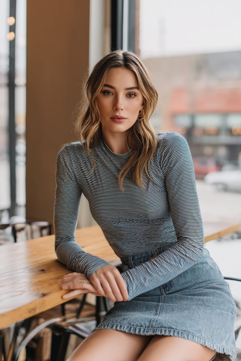 Frau mit Jeansrock und gestreiftem Longsleeve im Café