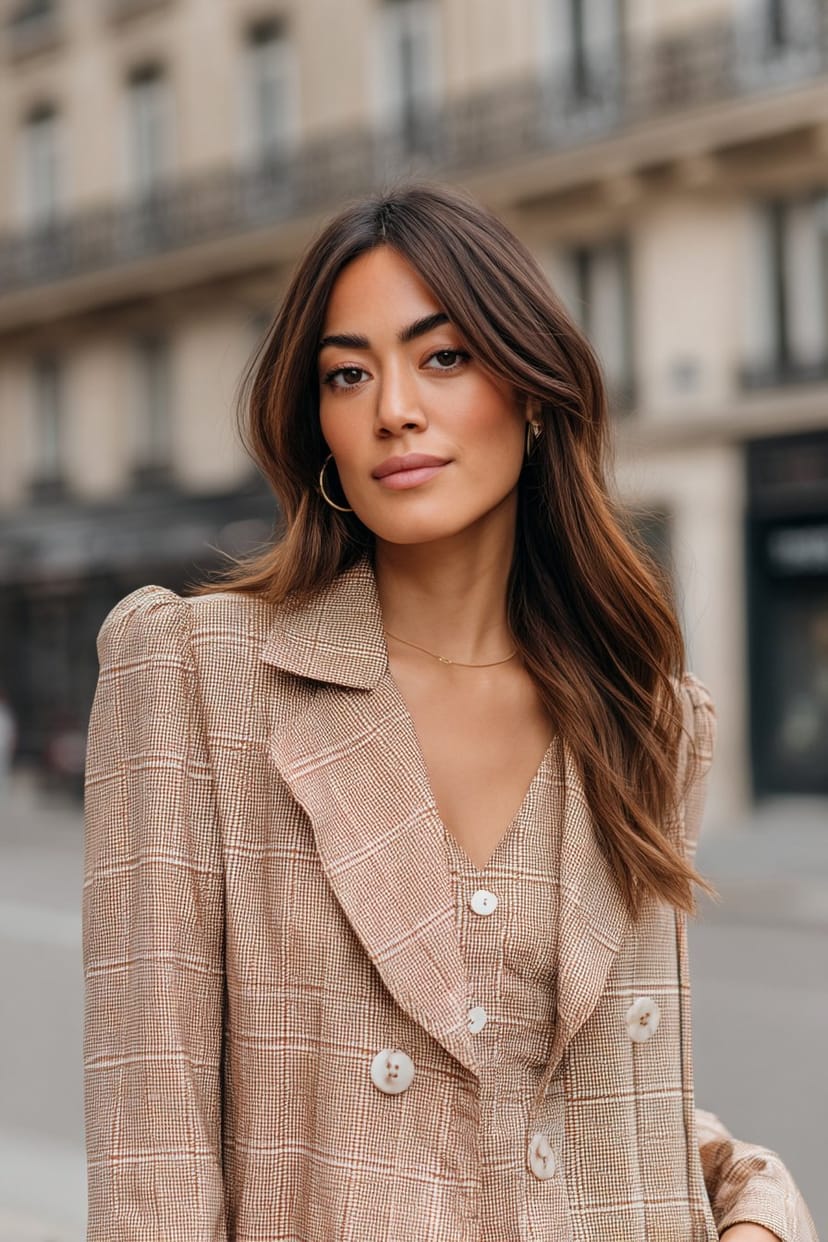 Frau mit kariertem Regenmantel im Close-up