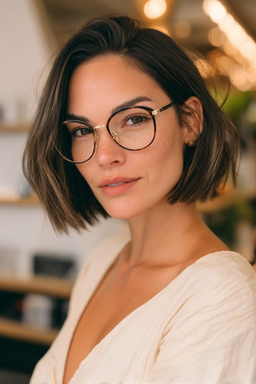 Frau mit kinnlangem Bob und breiter Hornbrille