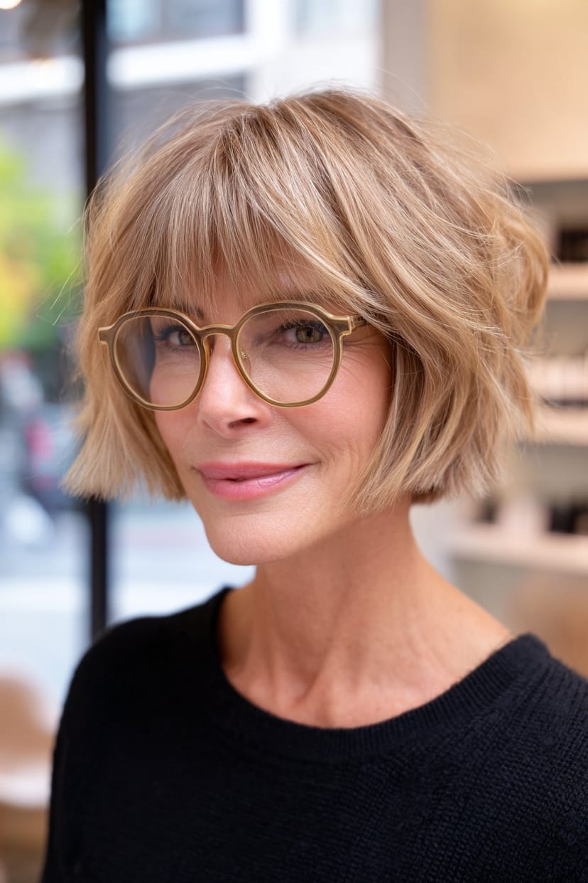 Kinnlanger Bob mit fransigem Pony und runder Brille