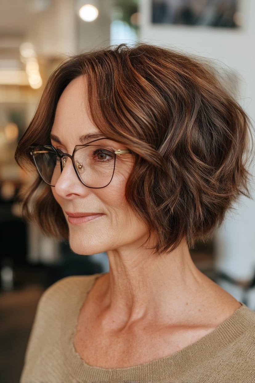 Kinnlanger Bob mit leichten Wellen und Retrobrille