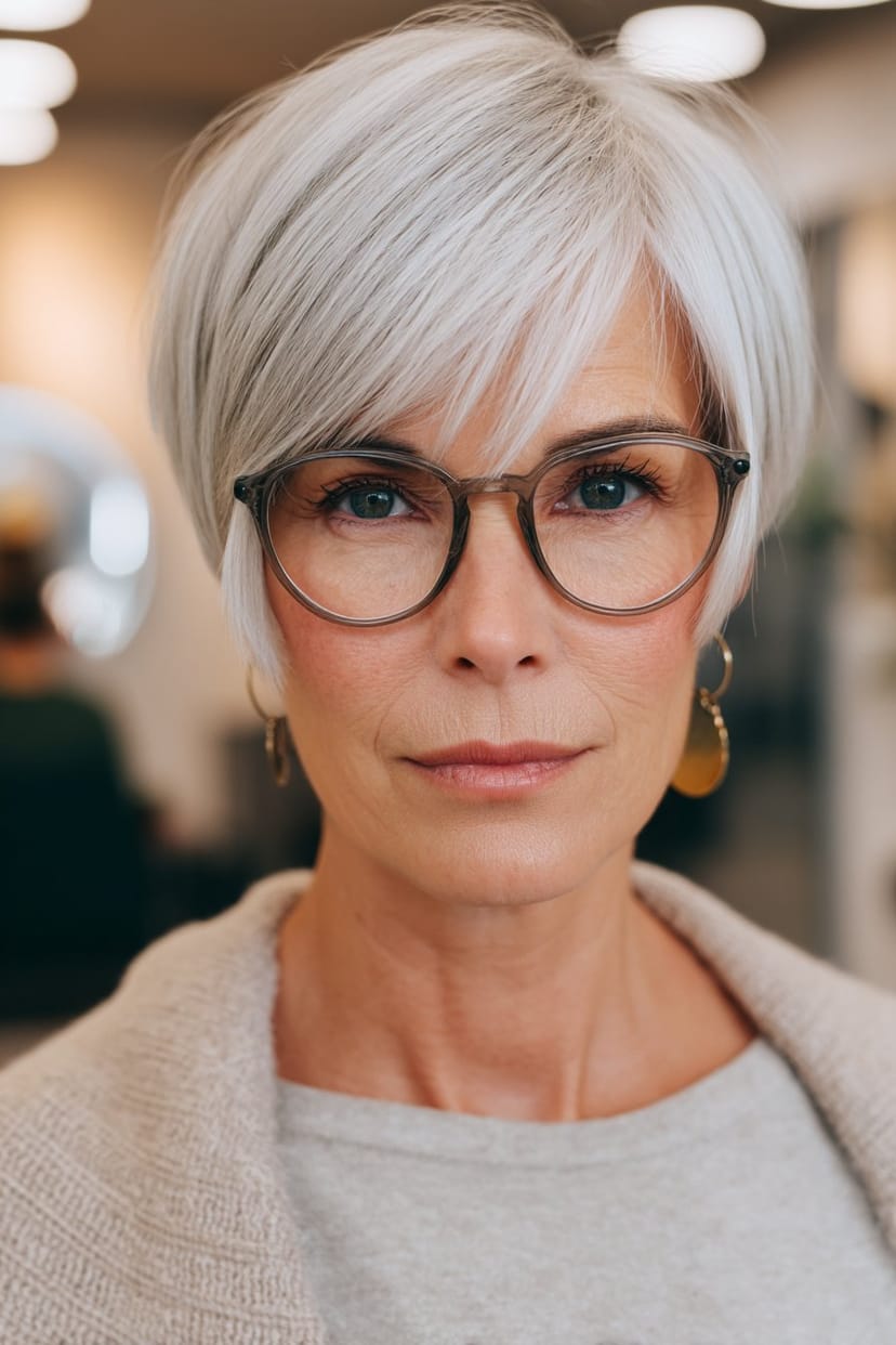 Silbergrauer Bob mit Hornbrille für Frauen ab 50