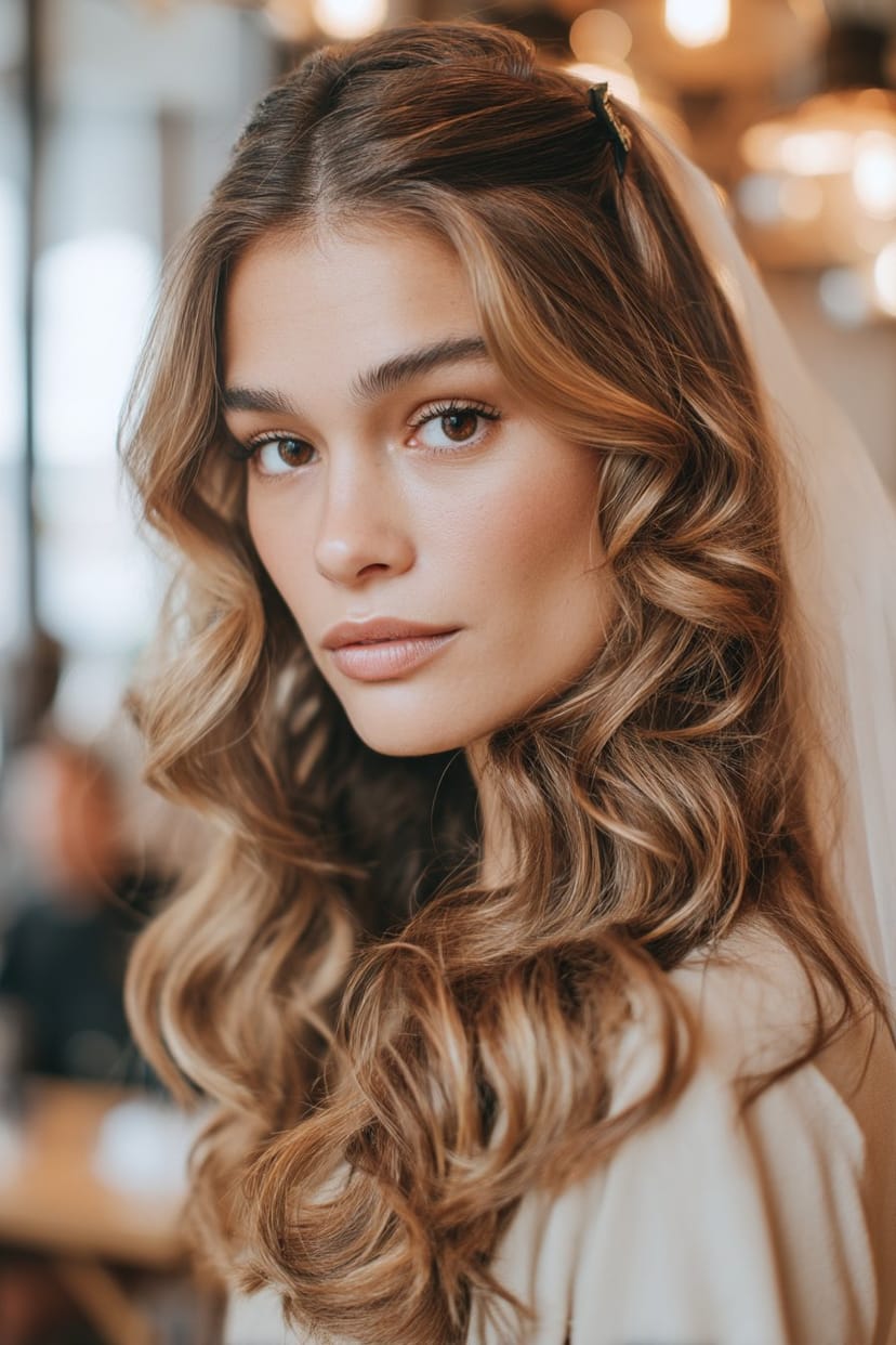Offene Locken mit Haarreif und Schleier Hochzeit