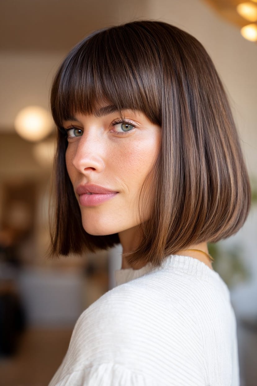 Mittellanger Blunt Cut braun mit Side Bangs frontal