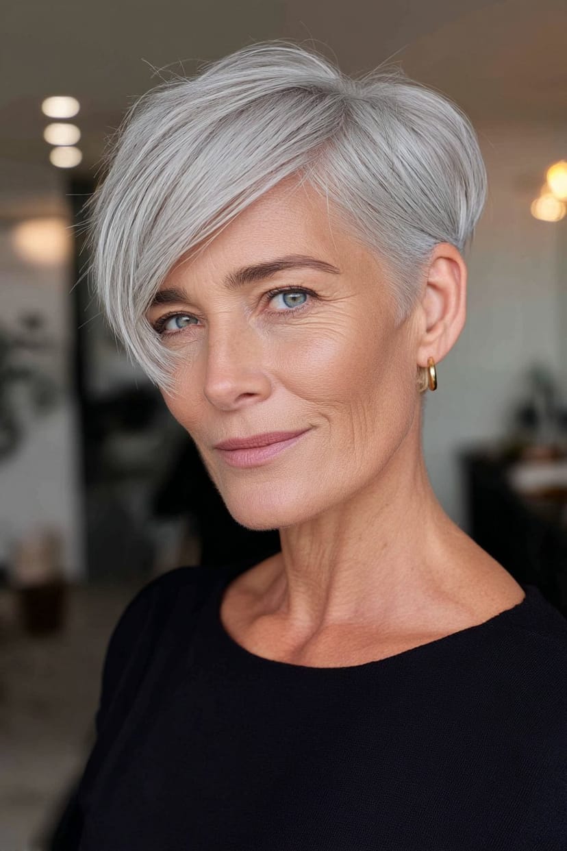 Pixie Cut mit seitlichem Pony bei grauem Haar
