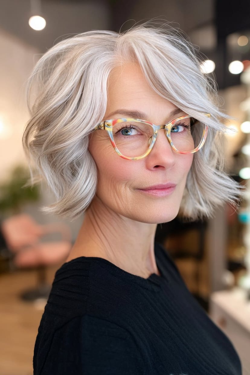 Kurze gestufte Frisur mit Wellen und bunter Brille