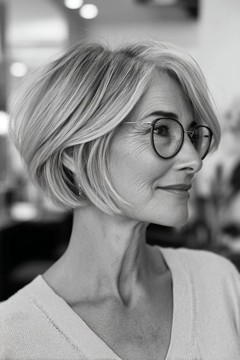 Kurzer Bob mit Außen-Schwung und ovaler Brille