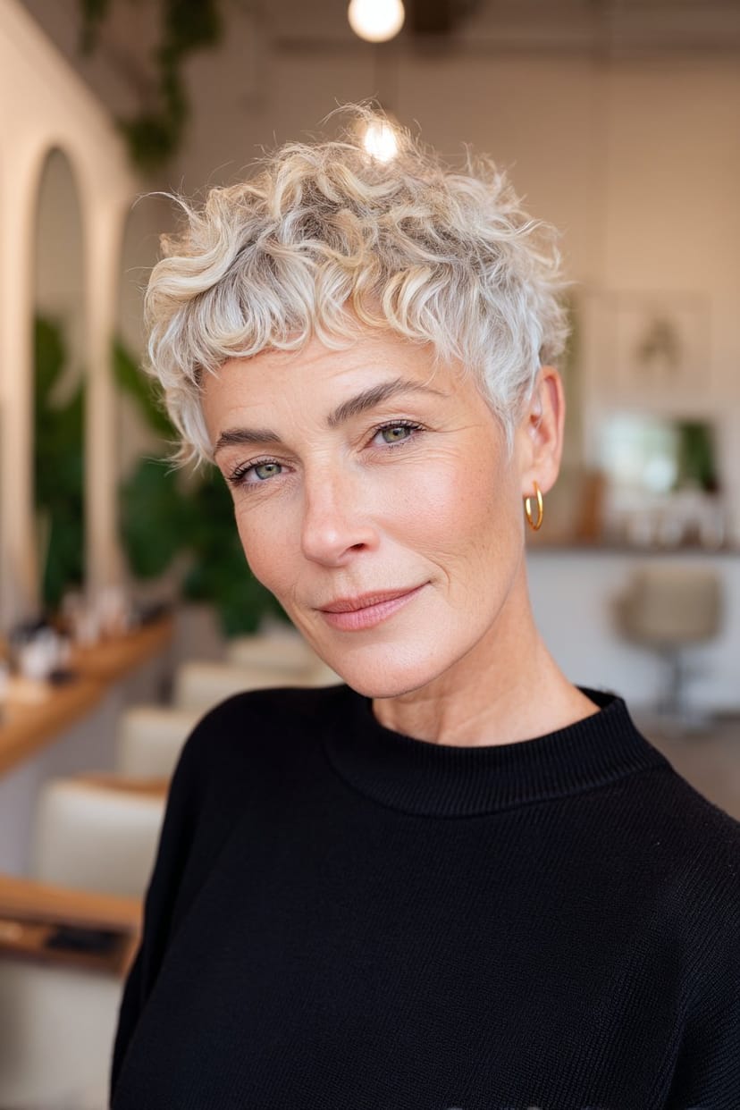 Kurzer Fransenstil mit natürlichen grauen Locken