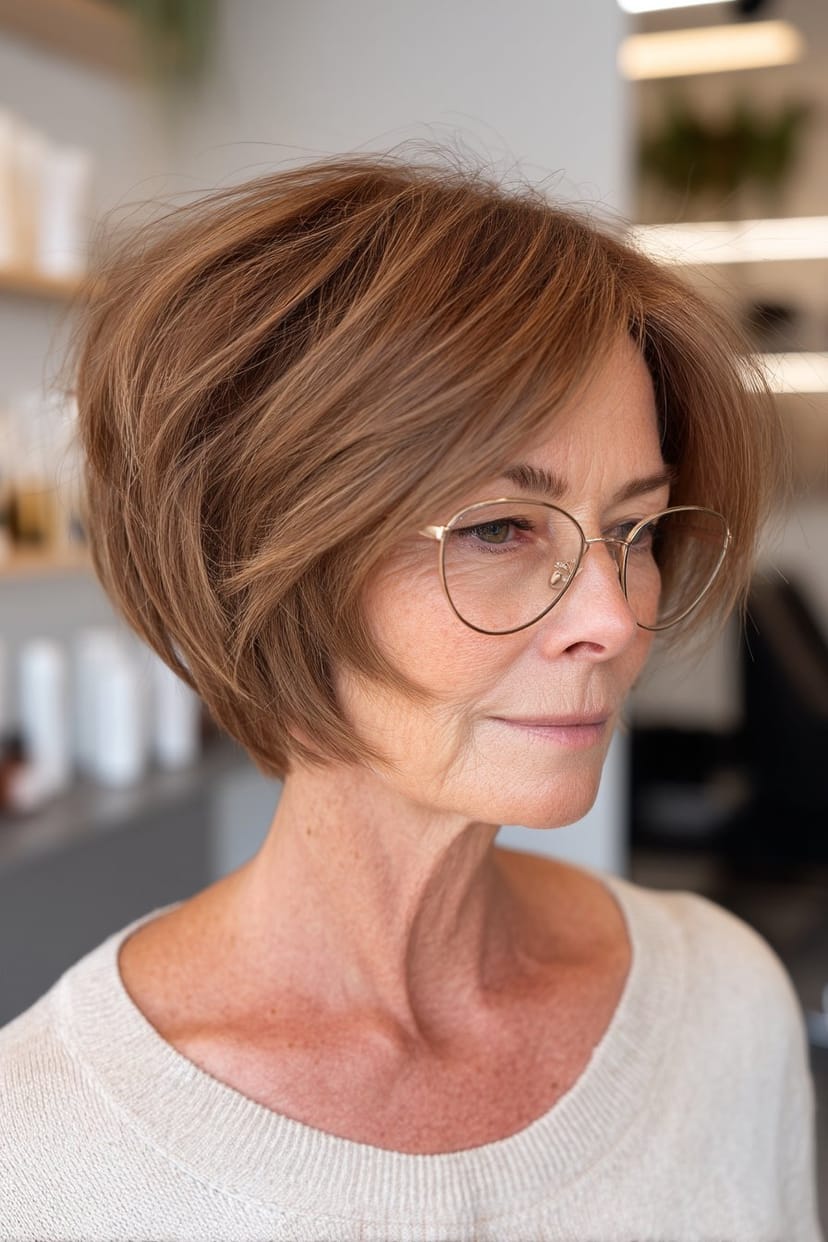 Kurzer Bob mit Wispy-Bangs und Metallbrille