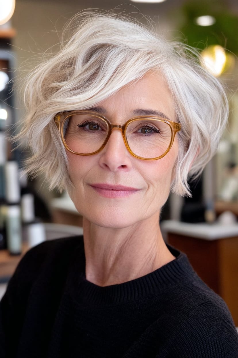 Kurzer Wispy-Bob mit hornfarbener Brille ab 50