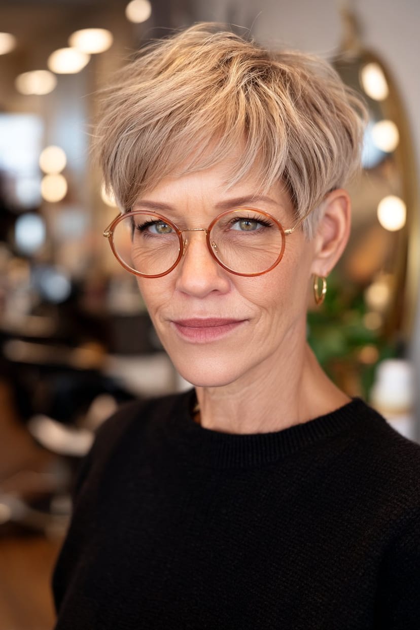 Kurzes Deckhaar, längerer Pony und bunte Brille bei Frau