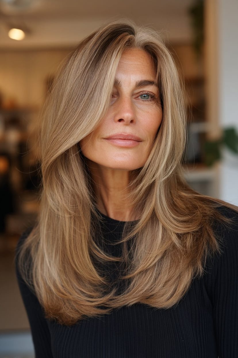 Lange Haare mit seitlichem Pony bei Frau ab 50