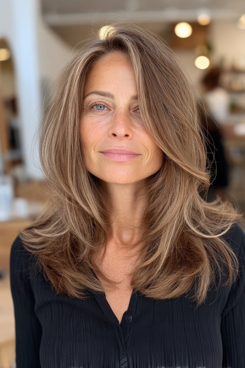 Layered Look mit Strähnen für lange Haare ab 50
