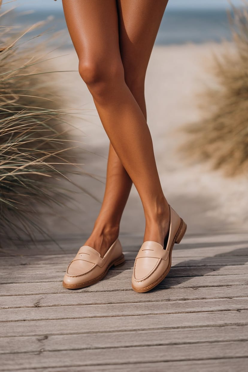 Frau mit hellbraunen Leder-Loafern auf Holzsteg am Sylt-Strand