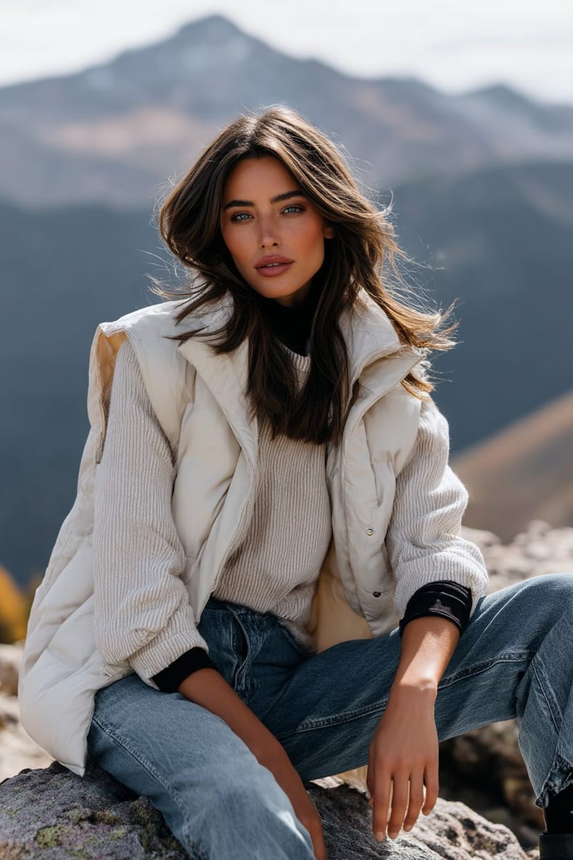 Frau mit Daunenweste und Jeans am Berghang sitzend