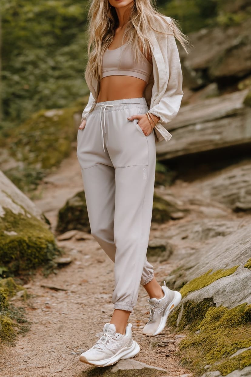 Hellgraue Wanderhose und Sneaker auf Waldweg