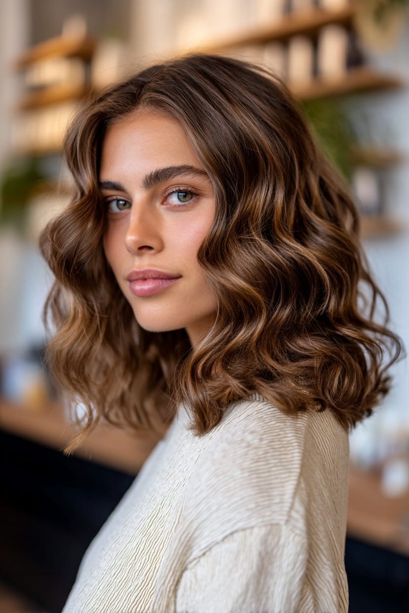 Mittellanges Haar mit großen, weichen Lockenwellen