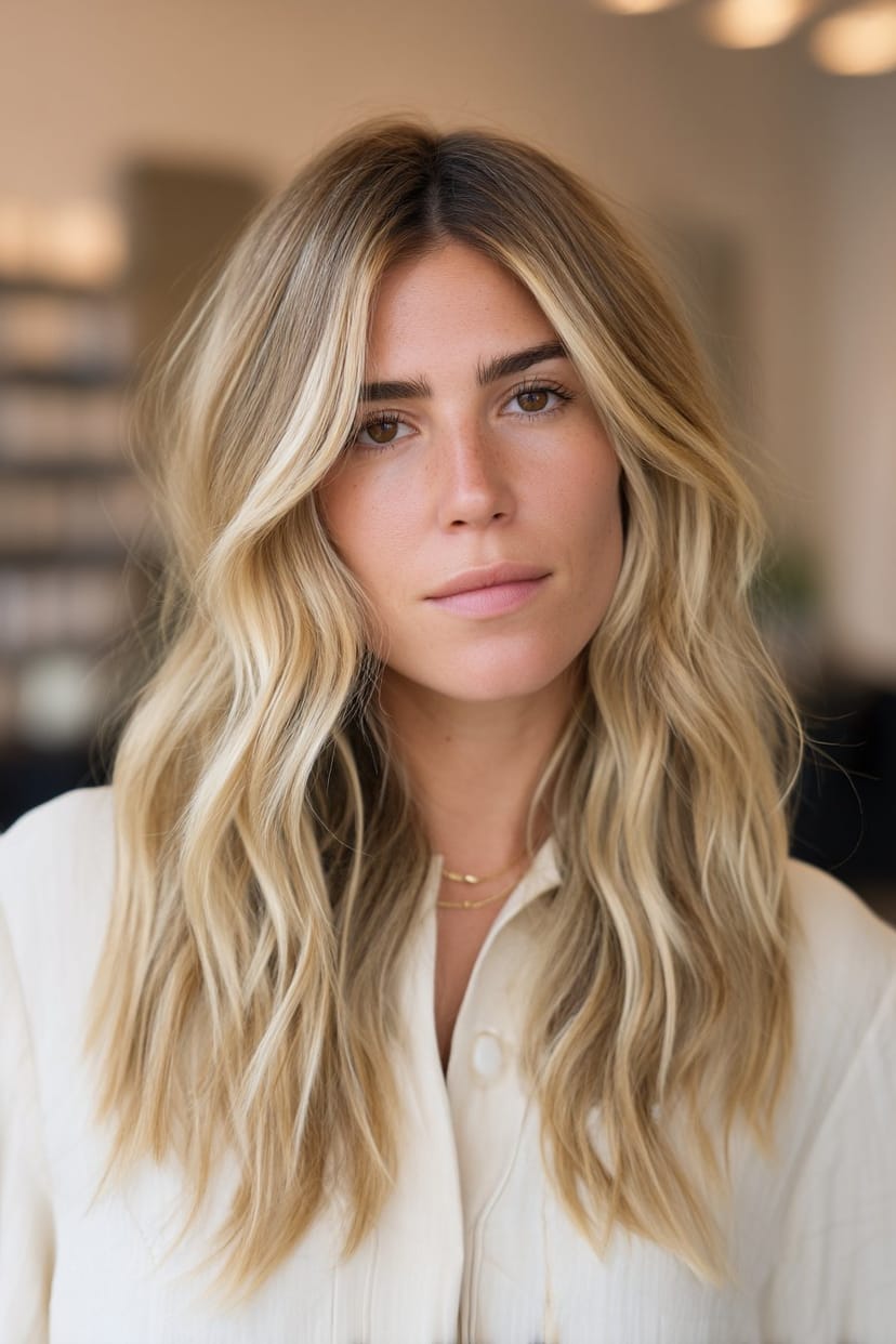 mittellanges blondes Haar mit Beach Waves und Highlights