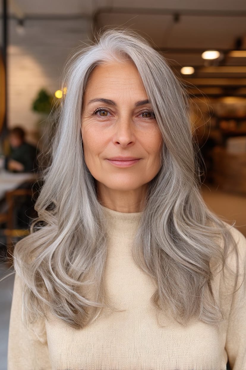 Lange graue Haare mit Mittelscheitel und lockeren Wellen