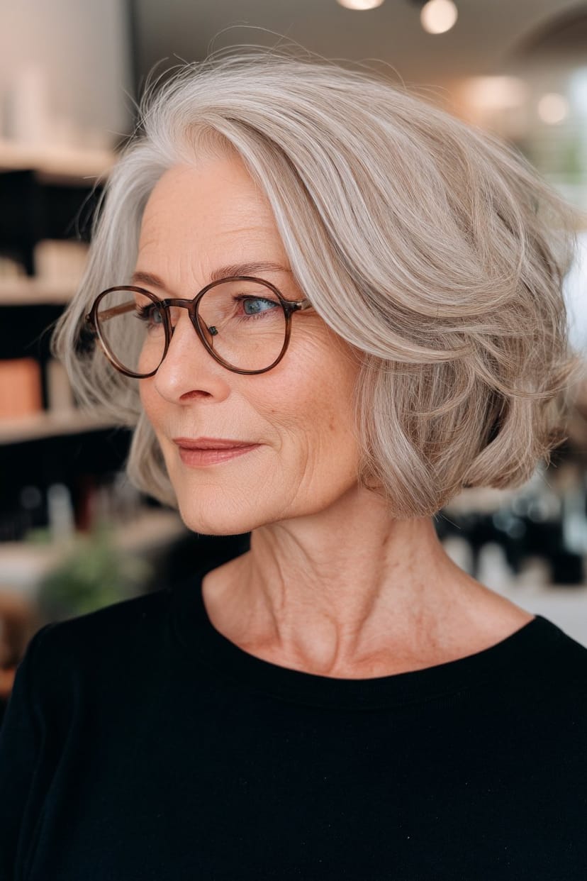 Kurzer grauer Wellenhaarschnitt mit Brille