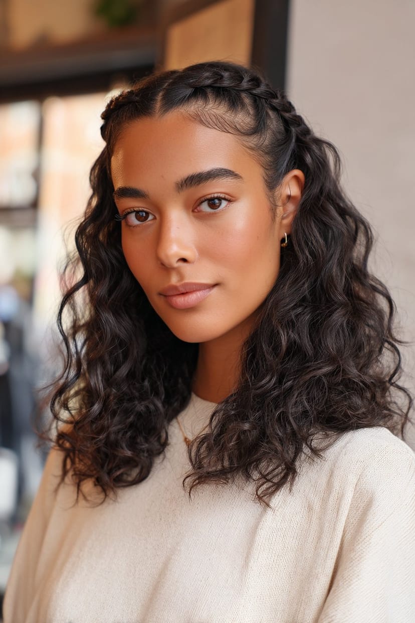 Halboffene lockige Frisur mit mittigem Zopf Abschlussball